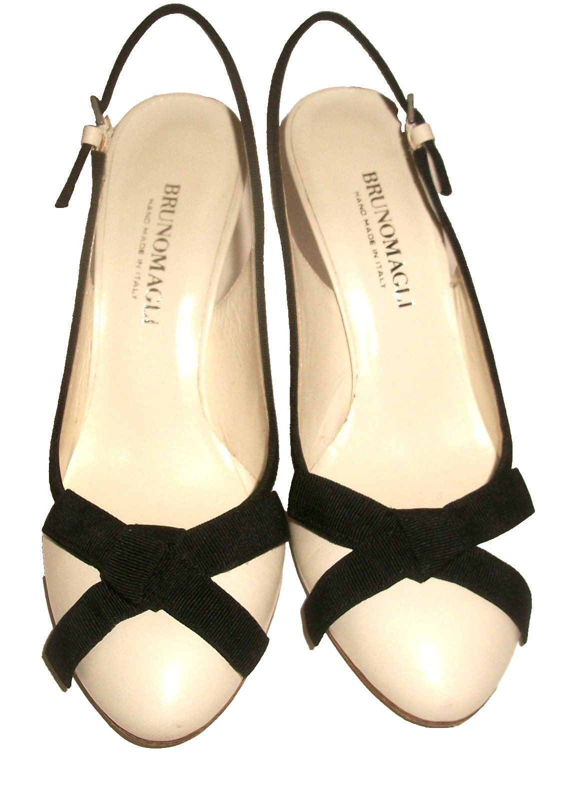 Bruno Magli Ivory Leather Slingback Pumps w Black Grosgrain Detail 7M $325