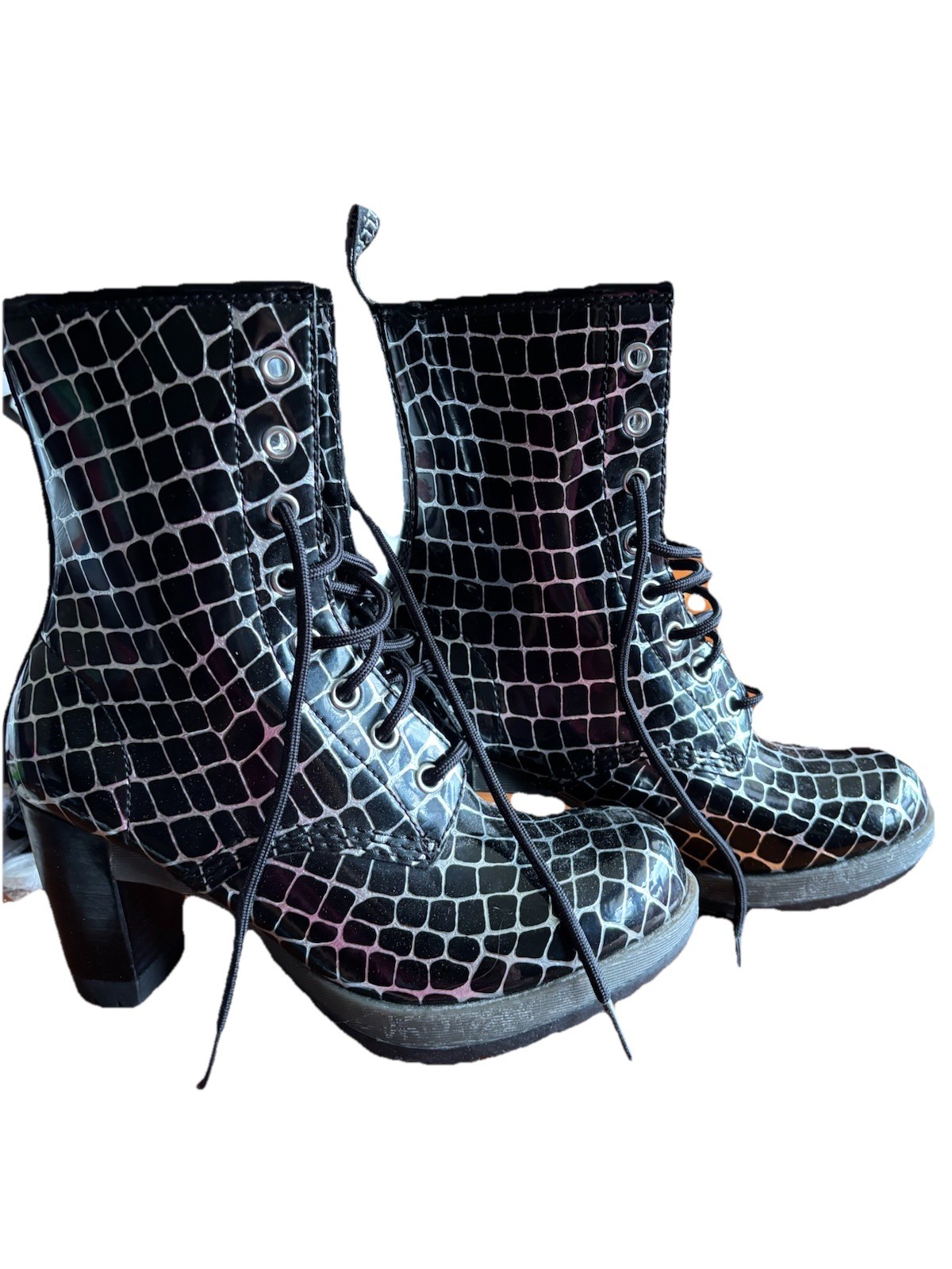 Dr Martens Darcie Diva court tartan black silver patent leather boots Size 7