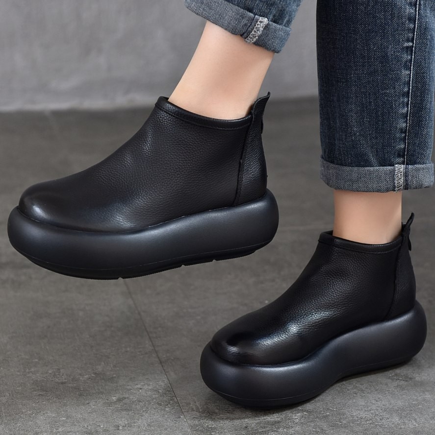 Thick Sole Ankle Boots Women Genuine Leather Flat Platform Creeper Comfort Boots