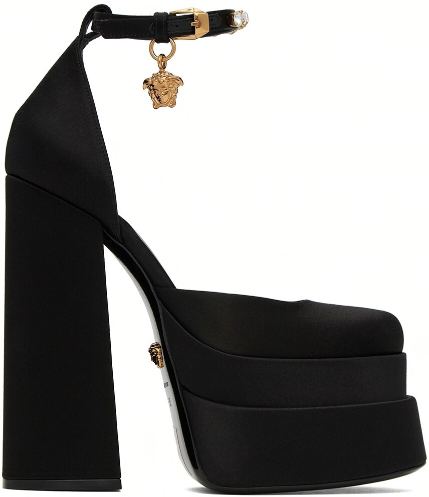 NIB Versace Medusa Aevitas Black Satin Crystal Logo Platform Pumps Sz 39.5 $1575