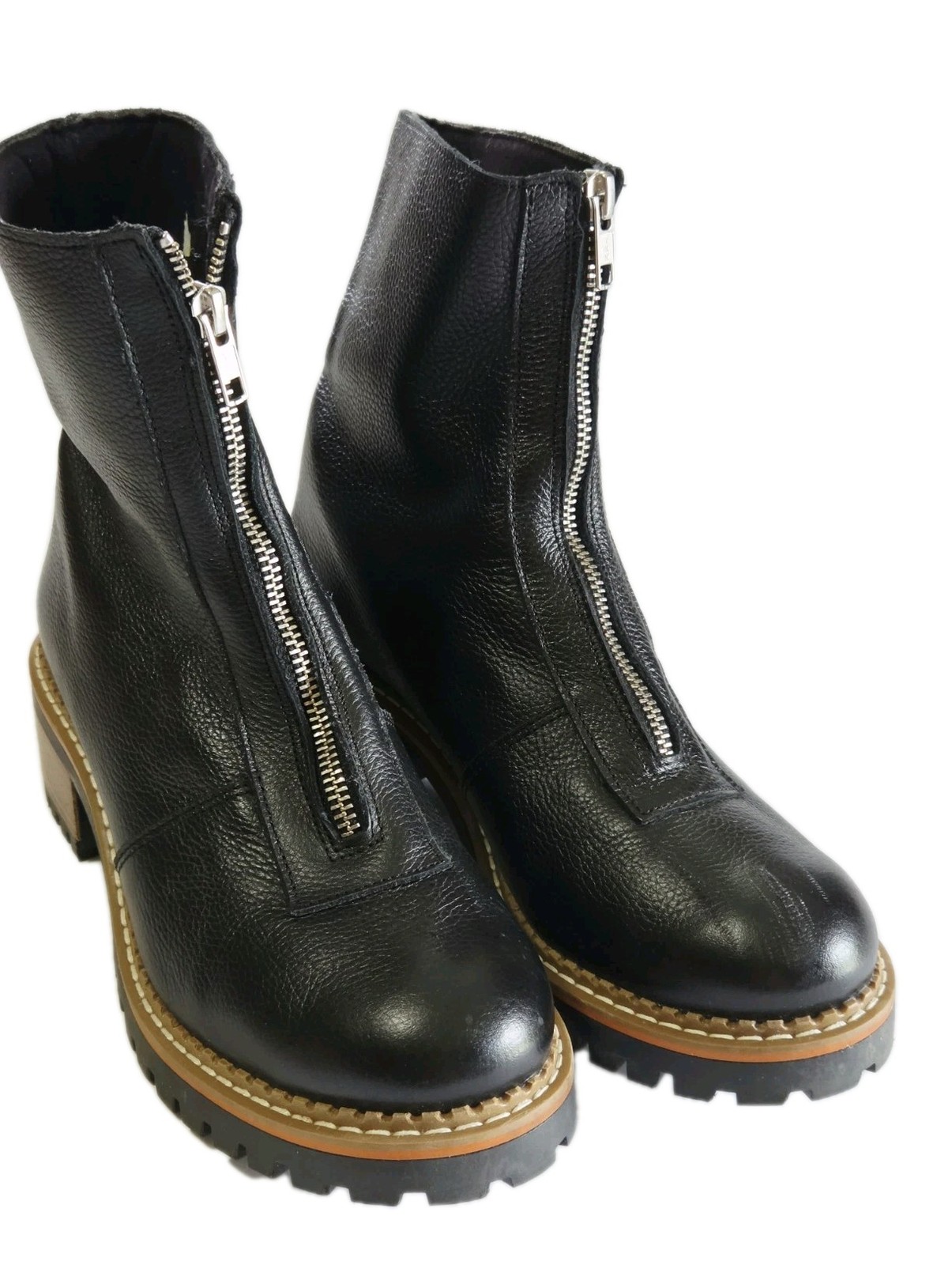 Bertuchi Front Zip Boots Women’s Chelsea Sz 9 Black Leather Lug Sole Moto Ankle