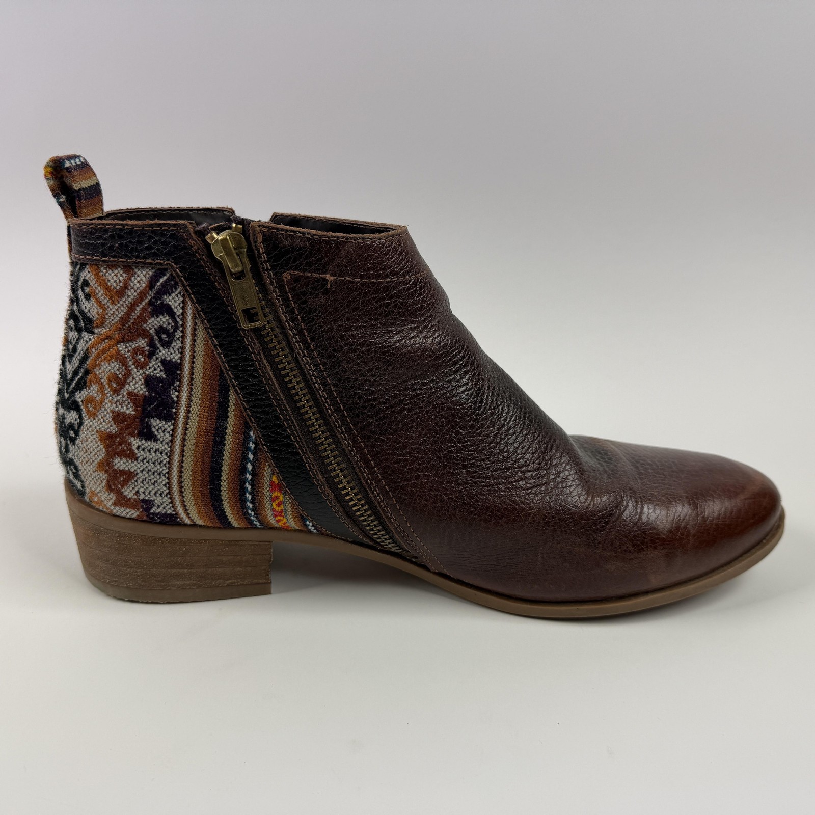 Inkkas Boots Womens Size 11 Brown Leather Ankle Textile Zip Boho Booties