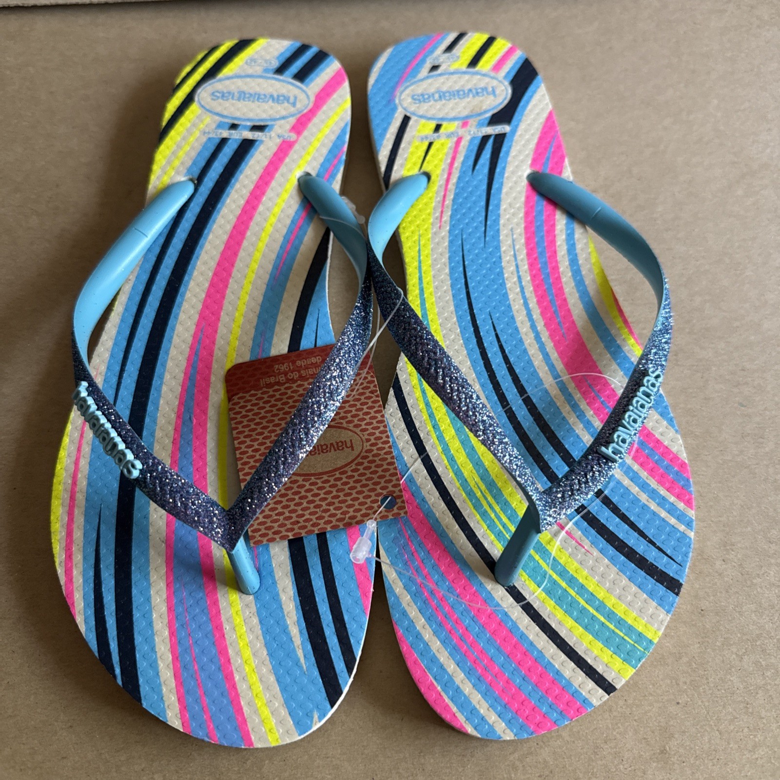 Havaianas Slim Multicolor Stripes Glittery Blue Straps Flip Flops EU 41/42 – New