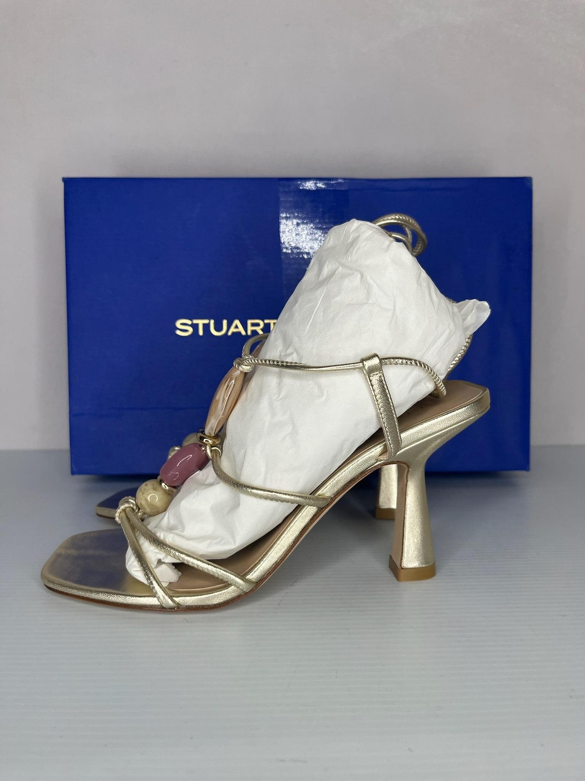 Stuart Weitzman Sandals Womens Size 6.5 Gold Majorca Wrap San 85 Beaded NEW Box