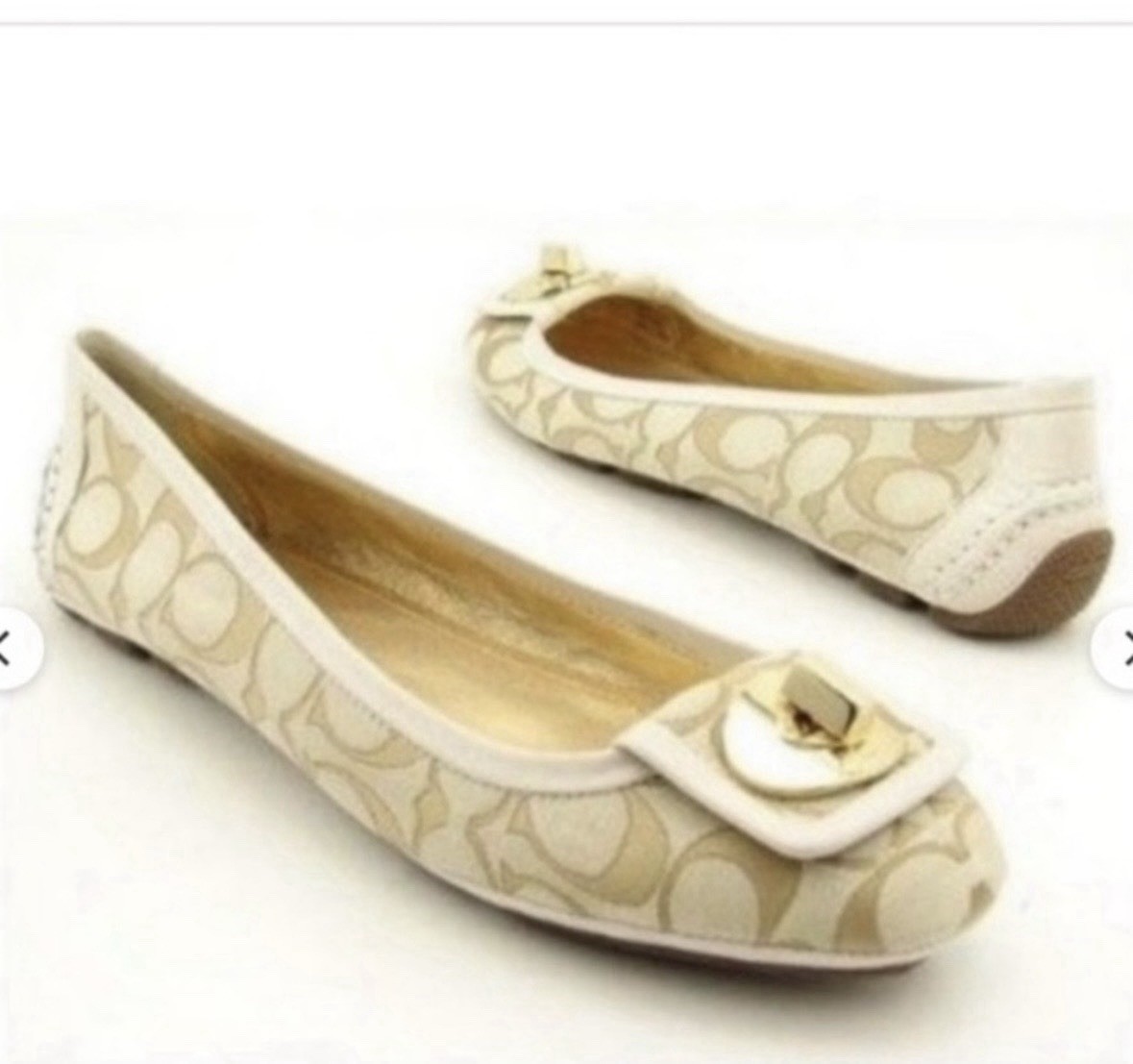 Coach Signature Linen Ballet Flats Beige/Gold Buckle Slip On Womens 9 M