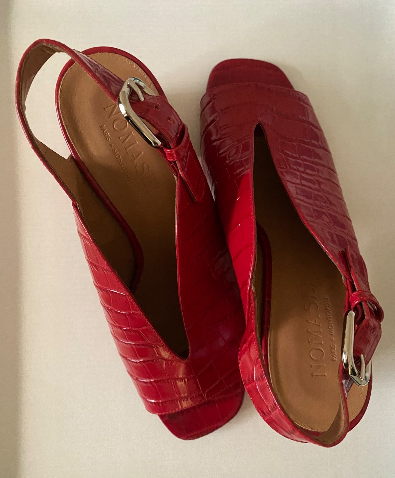 Nomasei Women’s Baghera Red Embossed Leather Slingback Sandals Size EUR 37.5