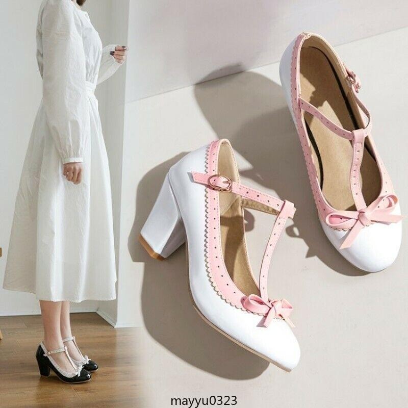 Women’s Mary Jane T-strap Bowtie Dress Lolita Mid Block Heel Pump Shoes Oversize
