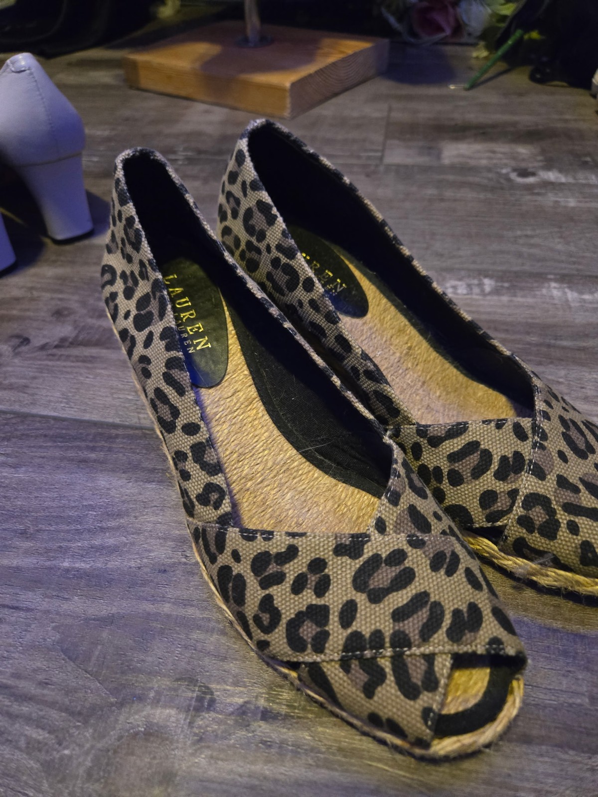 Lauren Ralph Lauren Cecilia Leopard Peeptoe Wedge Espadrille Shoes Size 8.5