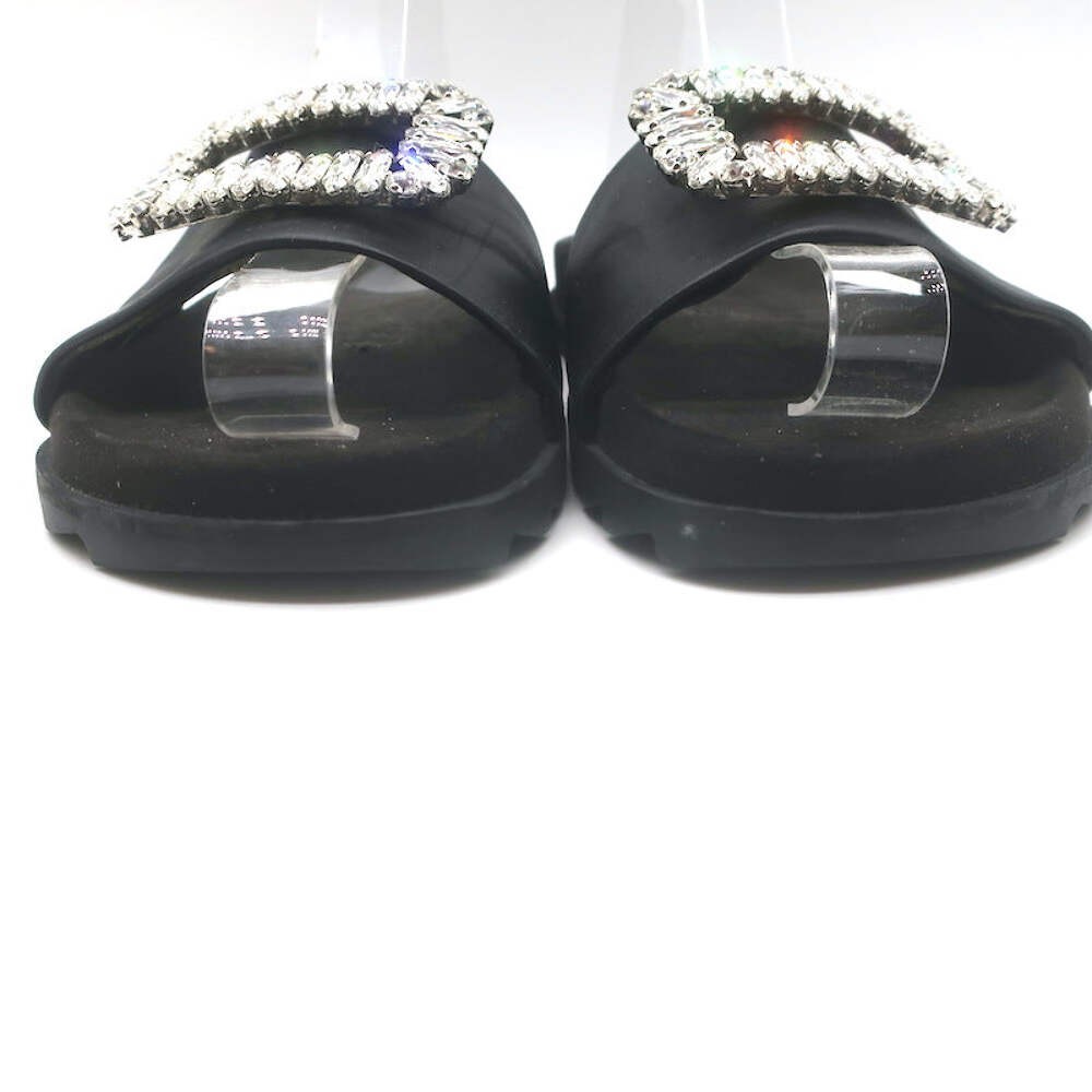 Roger Vivier Crystal-Embellished Flat Slide Sandals Black Leather Size 39