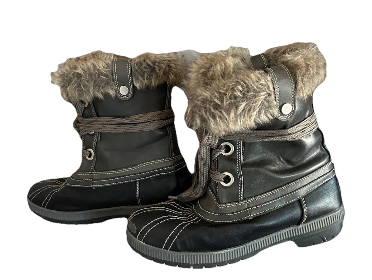 Women’s London Fog Milly Snow Rain Boots Black Charcoal Size 11 Faux Fur Snow