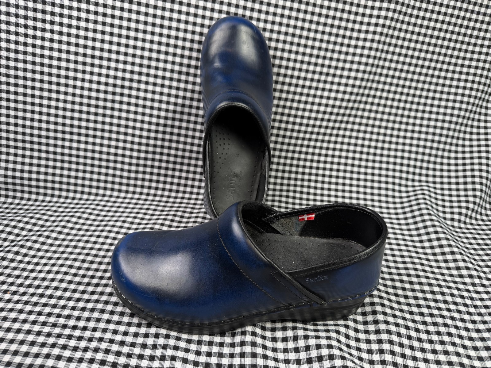 Sanita Blue Leather Clogs Womens EU 38 Slip On Danish Comfort Shoes Nursing Work