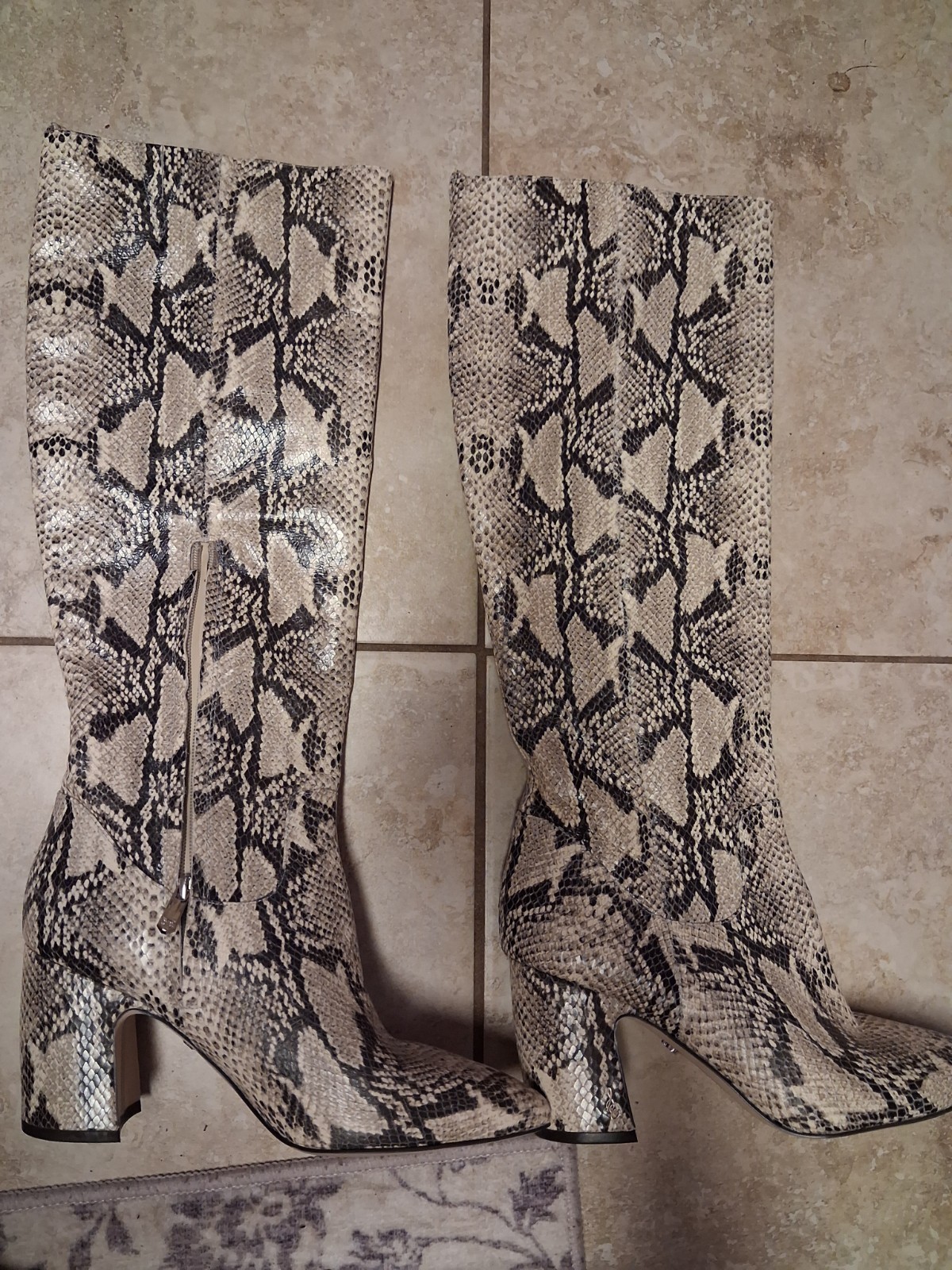 Sam Edelman Women’s Beige/Black Snake Print Knee-High Pointed Toe Zip Boots 6