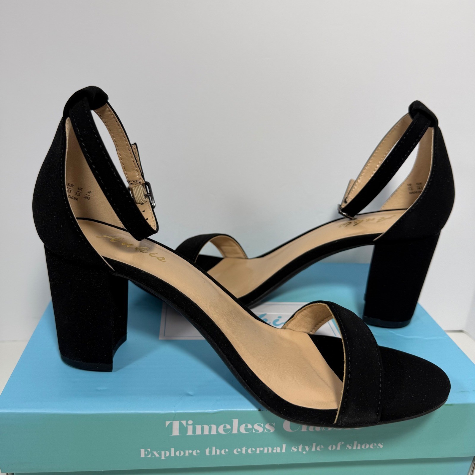 Ankis Women Black Faux Suede Block Heel Ankle Strap Sandals Size 7.5 Open Toe