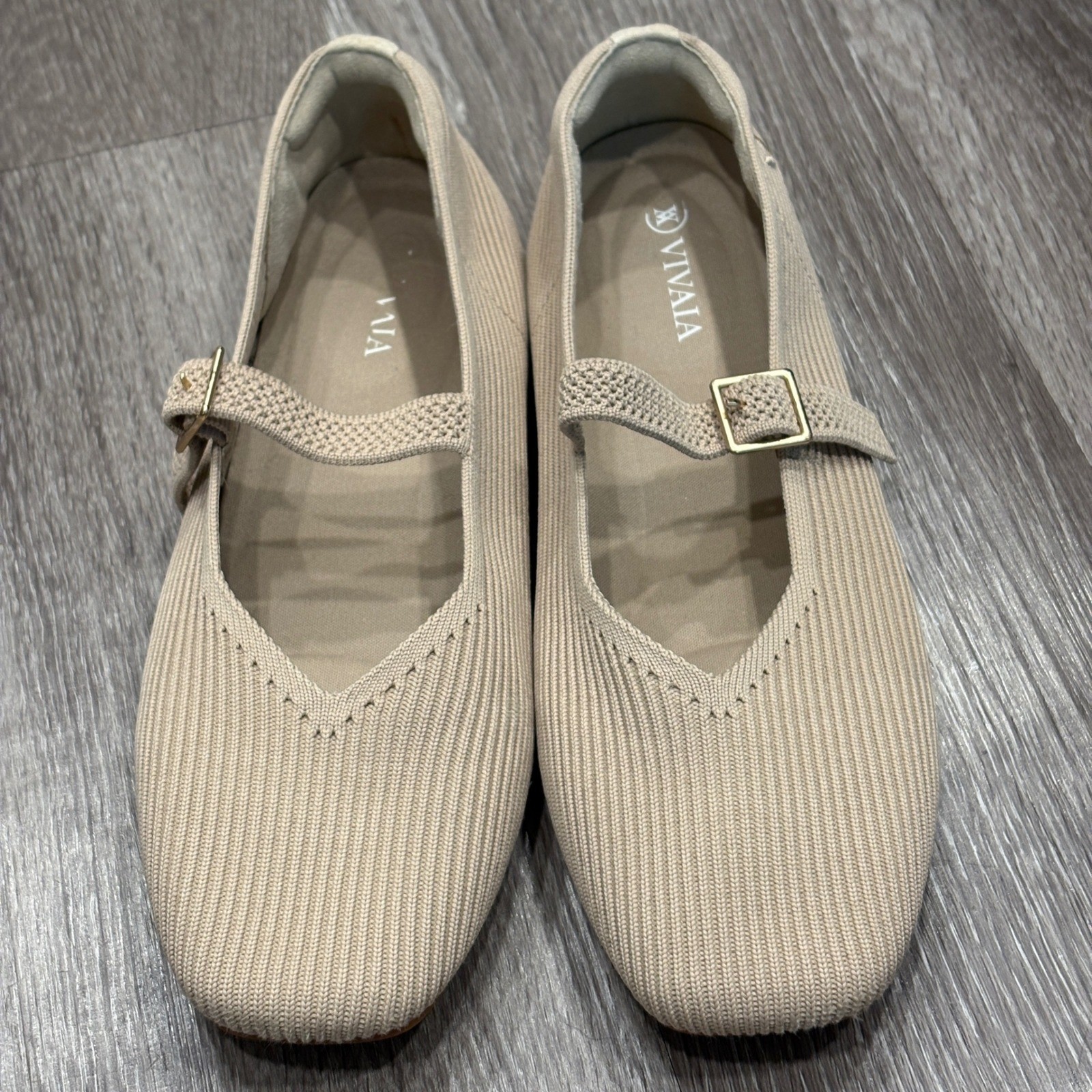 VIVAIA Margot Square-Toe Mary Jane Almond Ribbed Knit Flat Preppy Minimalist 8.5