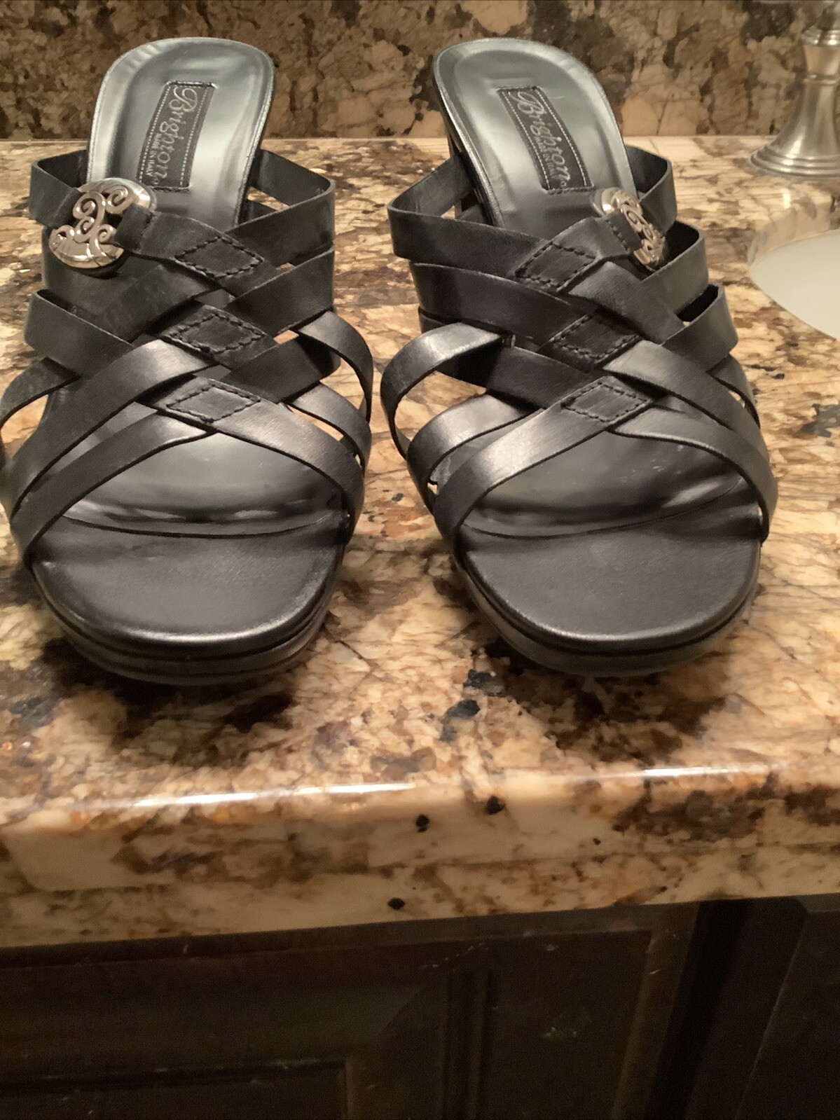 Brighton Vista 9.5M Women’s Heeled Sandals Black Leather 3.25″ Heel