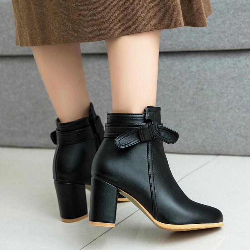Womens Sweet Bowknot Round Toe Mid Block Heel Ankle Boots Mary Jane Roman Shoe