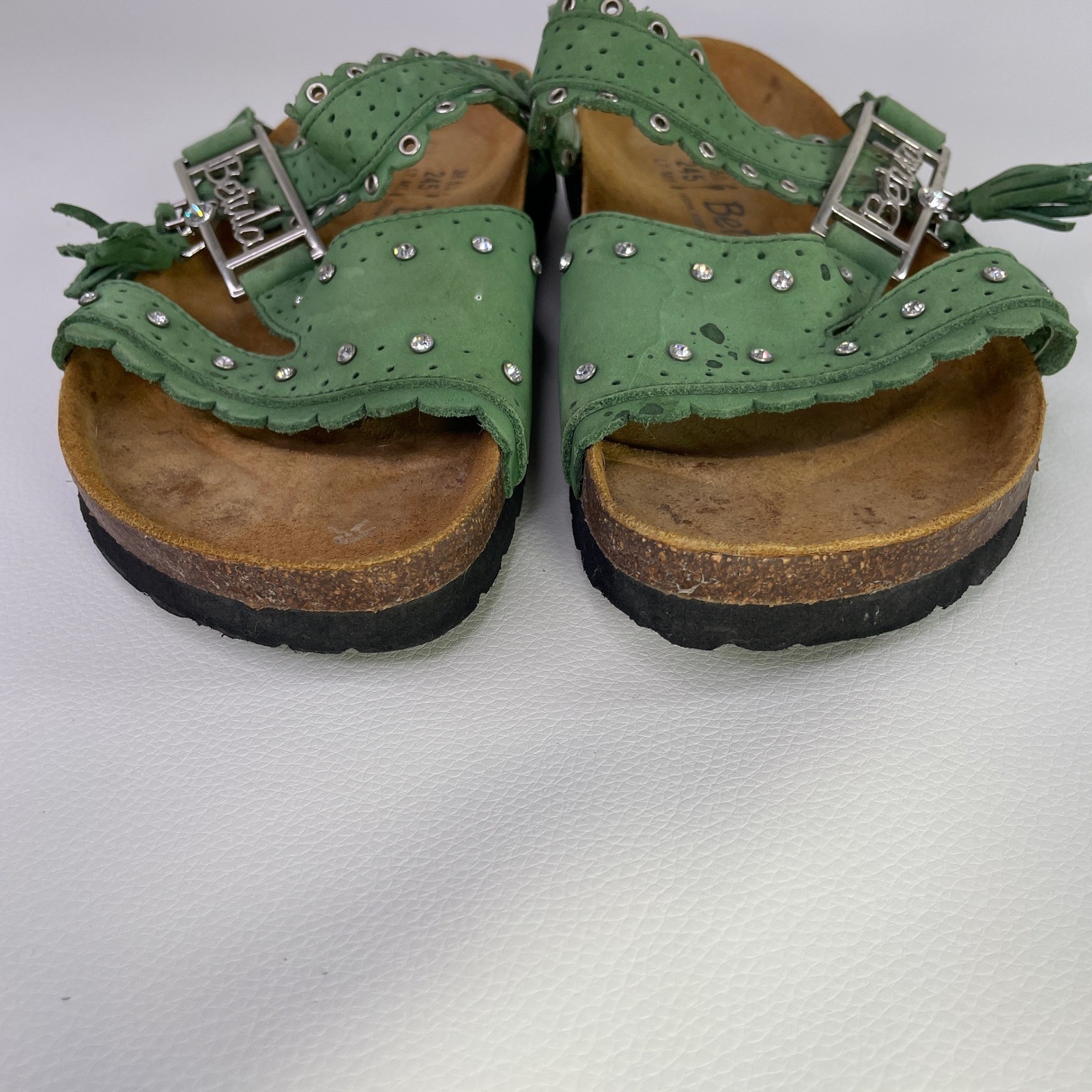 Original Birkenstock Betula Green Leather Rhinestone Tassel Sandals Women 38 L7