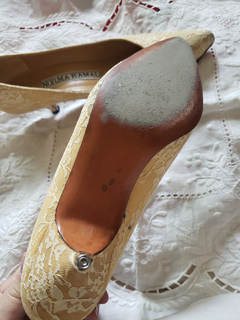 Vintage Norma Kamali Low Heel Pump, Light Yellow, Lace Covered, Sz 6 1/2 Women’s
