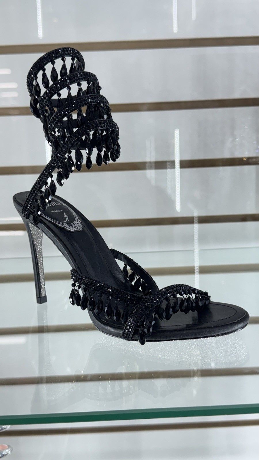 René Caovilla Black Leather Strappy Ankle Strap Open Toe Heel Beaded Rhinestone
