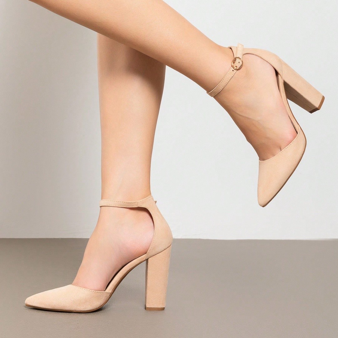 Women Chunky Block High Heel Ankle Strap Pointed Toe Wedding Dress Pumps