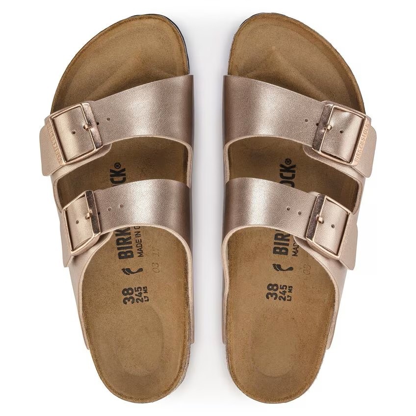 BIRKENSTOCK ARIZONA COPPER WOMEN’S MEDIUM/NARROW WIDTH SLIDE SANDALS