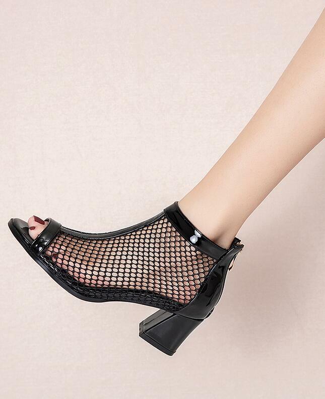 Women’s White Mesh Ankle Boots Peep Toe Block Heel Summer Breathable Sandals
