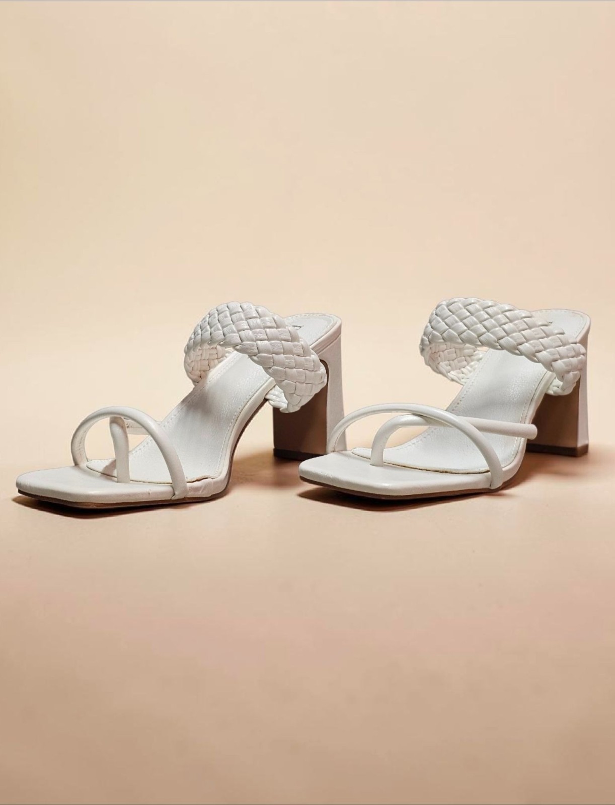 Braided Strap Block Heel Sandals In White With Square Toe And Strappy Design