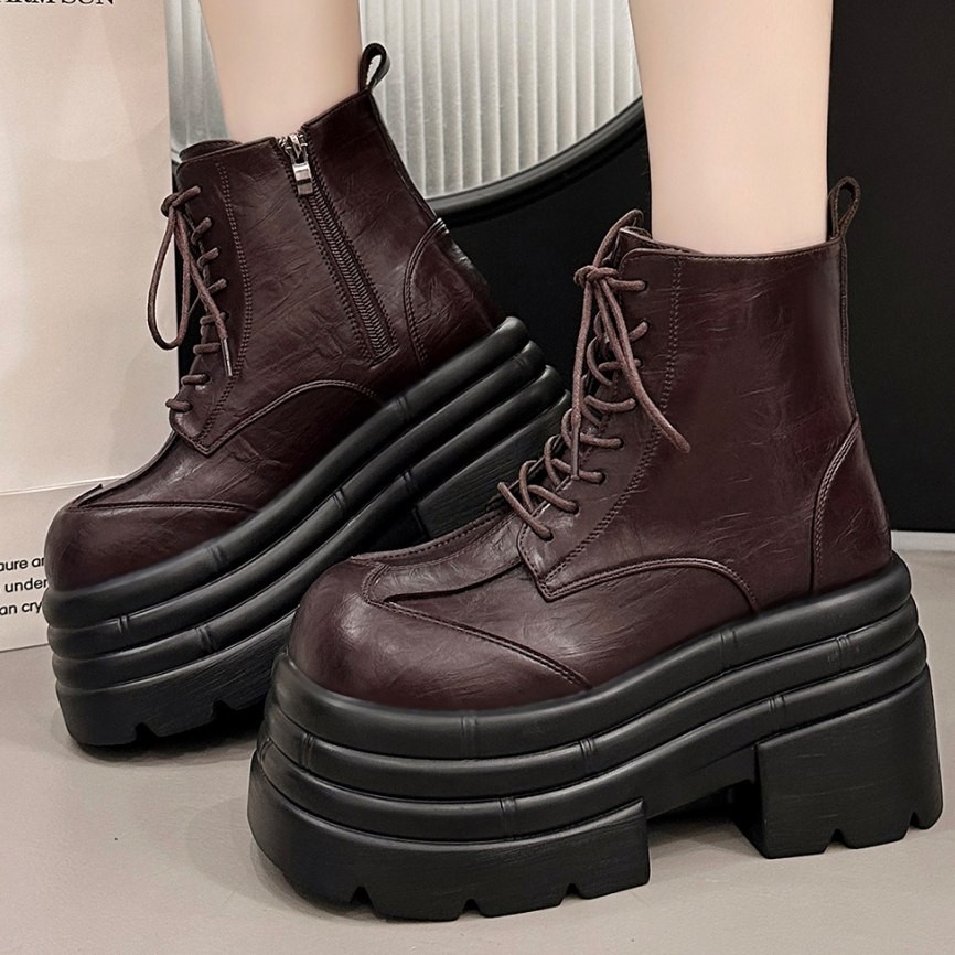 Thick Sole Ankle Boots Women Platform High Heels Lace Up Comfort Creepers Riding