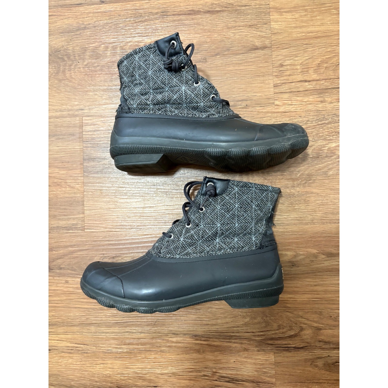 Sperry Saltwater Herringbone Wool Duck Boots Black Grey STS99766 Womens 10M