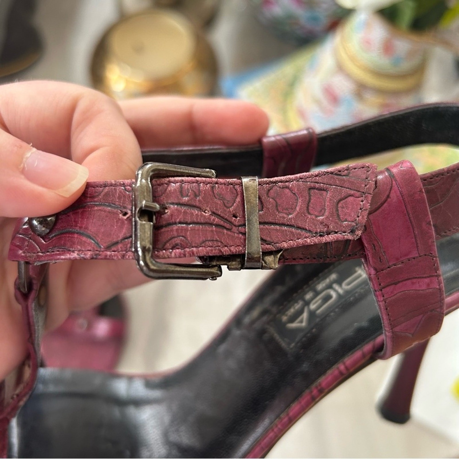 Via Spiga Plum Purple Hand Tooled Leather T-Strap Sandals
