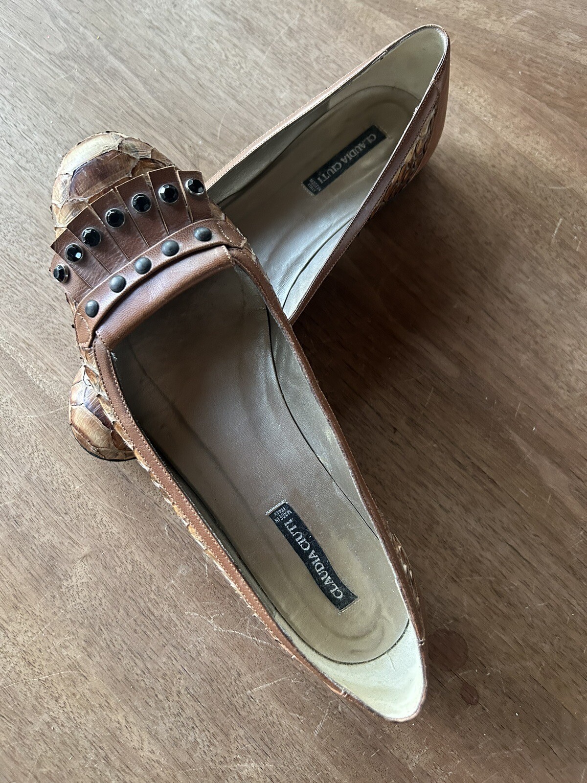 ITALIAN DESIGNER CLAUDIA CIUTI NATURAL SNAKESKINBLK JEWELS& METAL GROMETS LOAFER