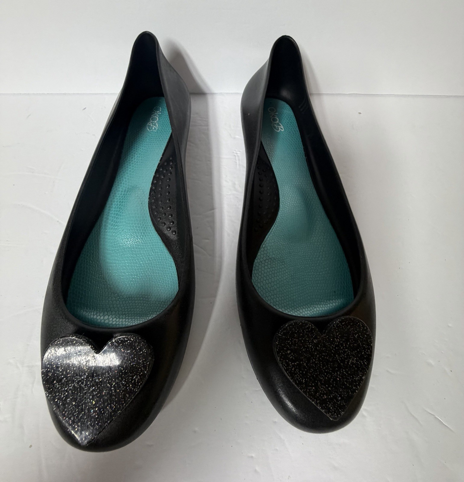 Oka-B Women’s Black Rubber Slip-On Flats Glitter Accent Round Toe US 10/40