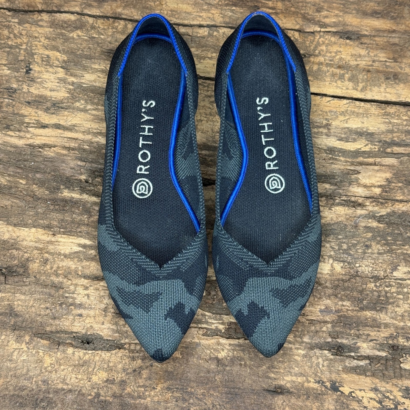 Rothy’s The Point Flats Women’s 8 Black Camo Knit Washable Eco Friendly Shoes