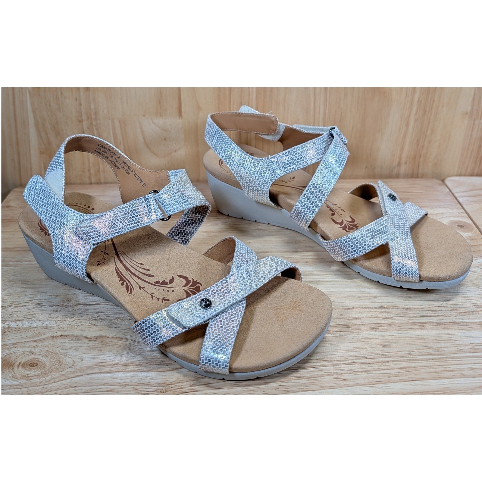 Revere Casablanca Metallic Interest Silver Wedge Sandals Womens 9M Orthotic