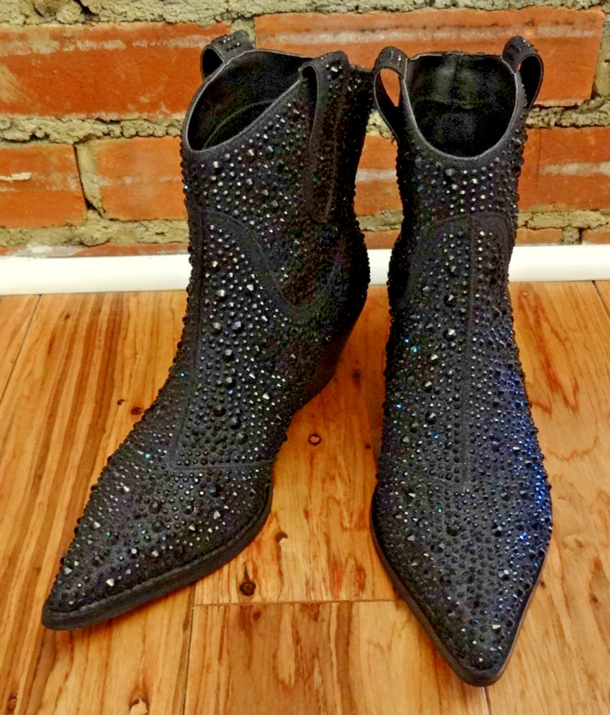 Jessica Simpson Tamira2 Western Boots Black Micro Flash Rhinestones 7M New