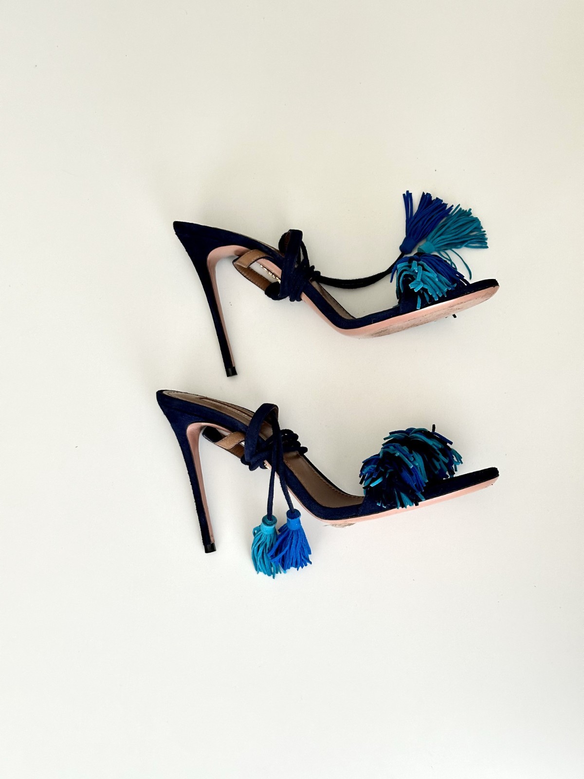 AQUAZZURA Wild Thing Multi Blue Suede Ankle Wrap Fringe Heels Sandals Size 38.5