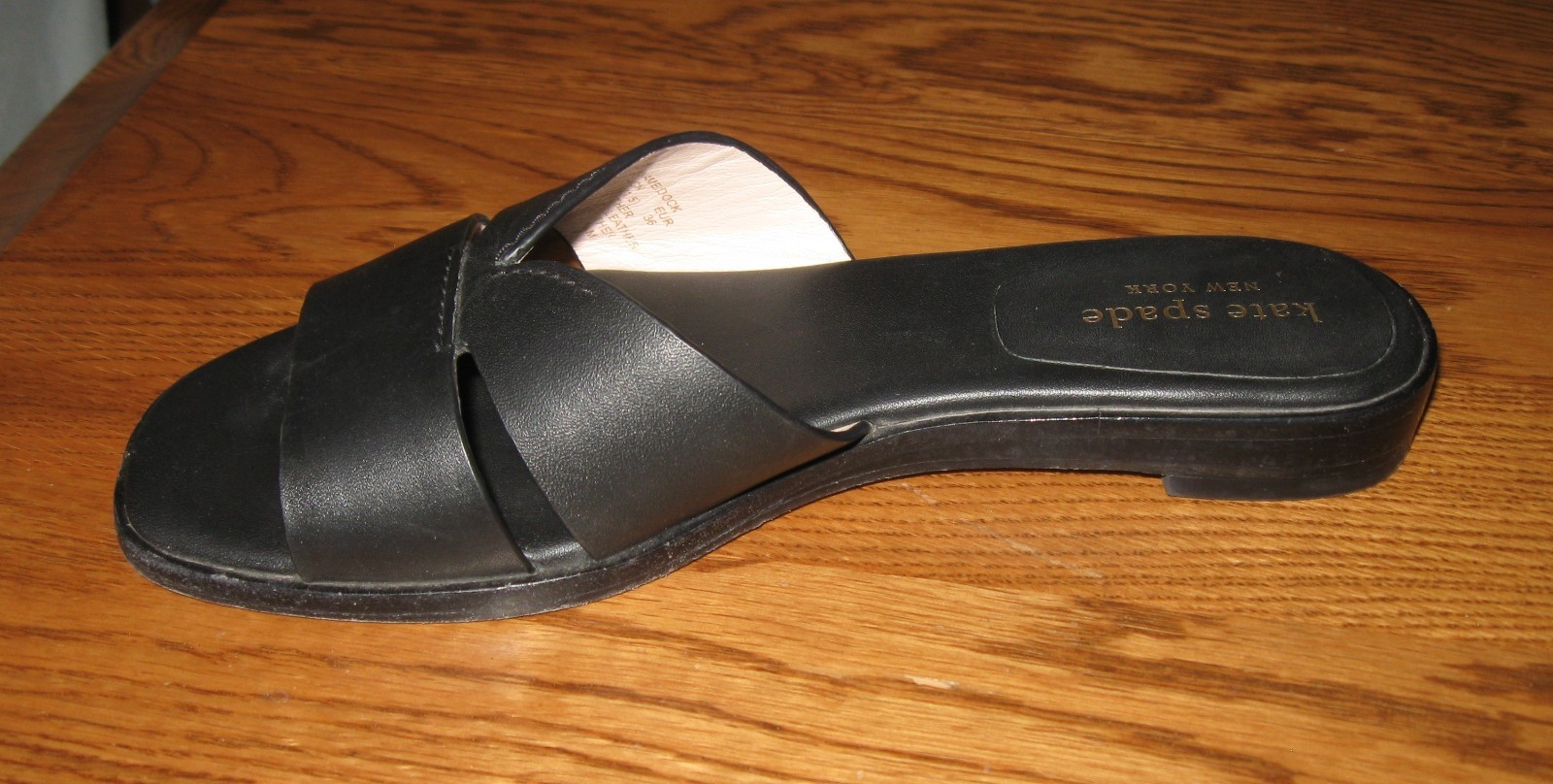 kate spade new york DOCK Black Leather Slide Sandals Logo Slip On Women US 5.5 B