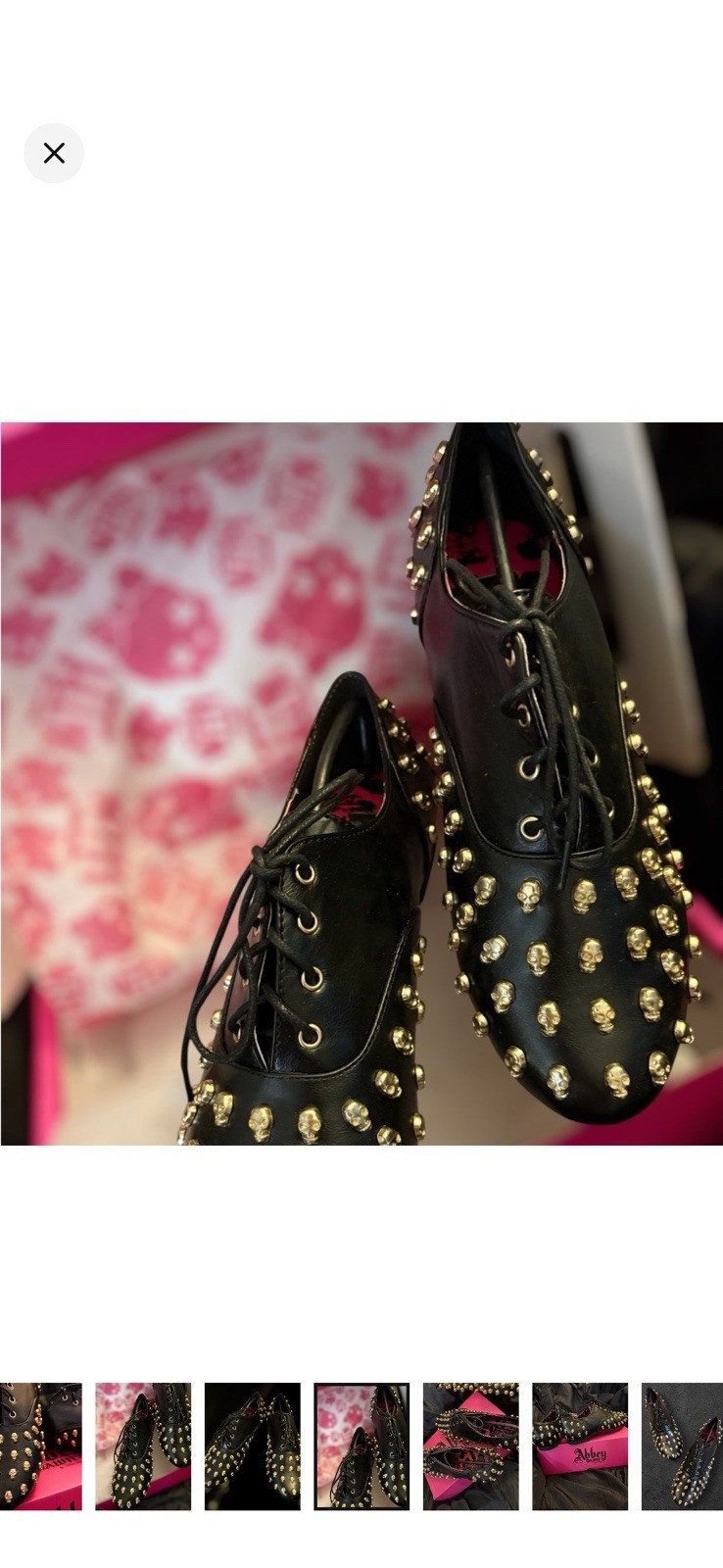 Abbey Dawn Women’s Black Studded Skull Accents Lace-Up Flats Black/Gold Size 8