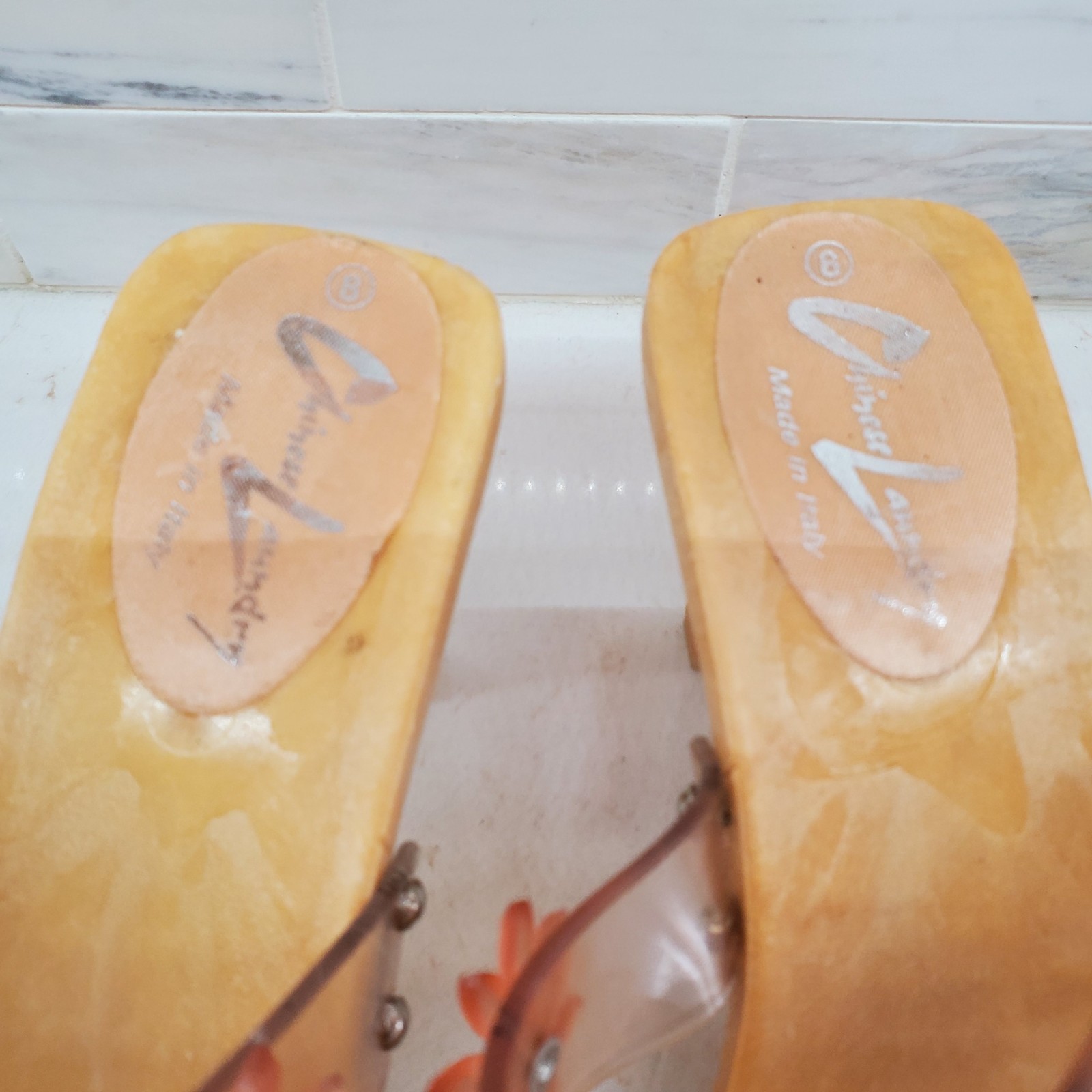 Chinese Laundry Slip-On Heels Clear Straps Jelly Flowers Rubber Platform Italian
