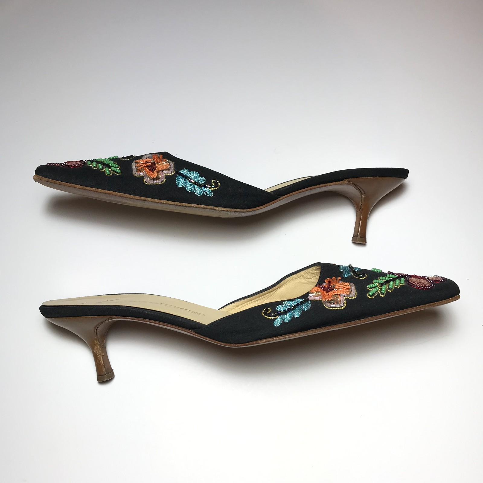 Giuseppe Zanotti Vintage Y2K Beaded Tropical Floral Luau Kitten Heel Mules 39