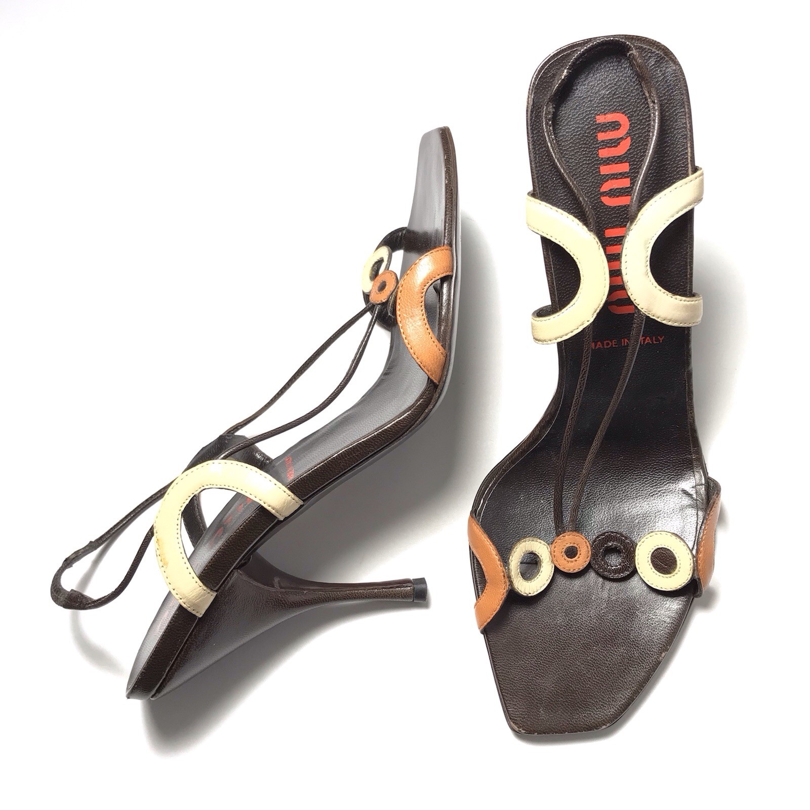 Miu Miu Y2K Vintage Art Deco Circle Varied Brown Stiletto Strappy Sandals 39.5