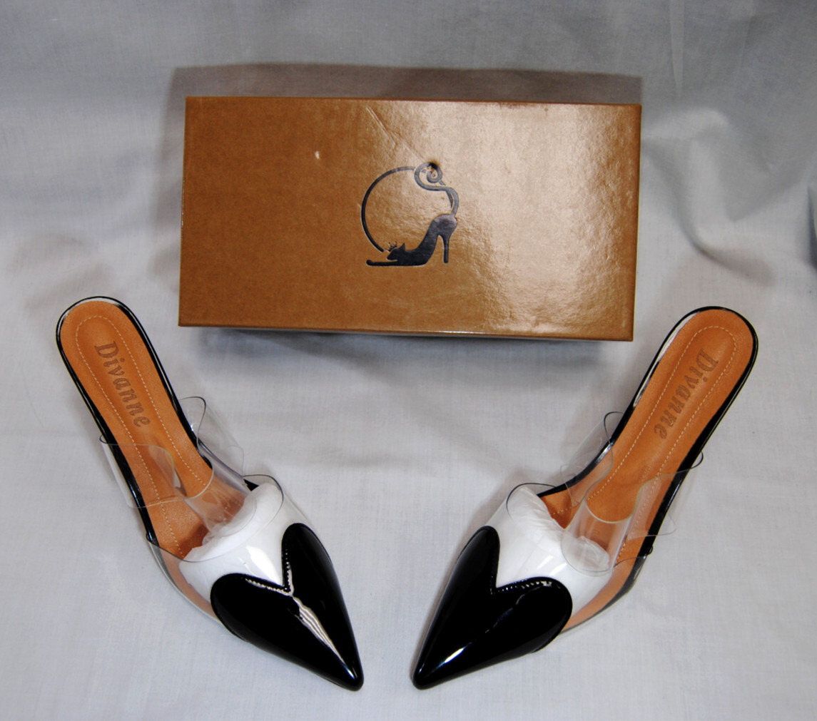 Divanne Womens Heart Heeled Mules Pointed Toe Clear Strap Pumps High Heels T2344