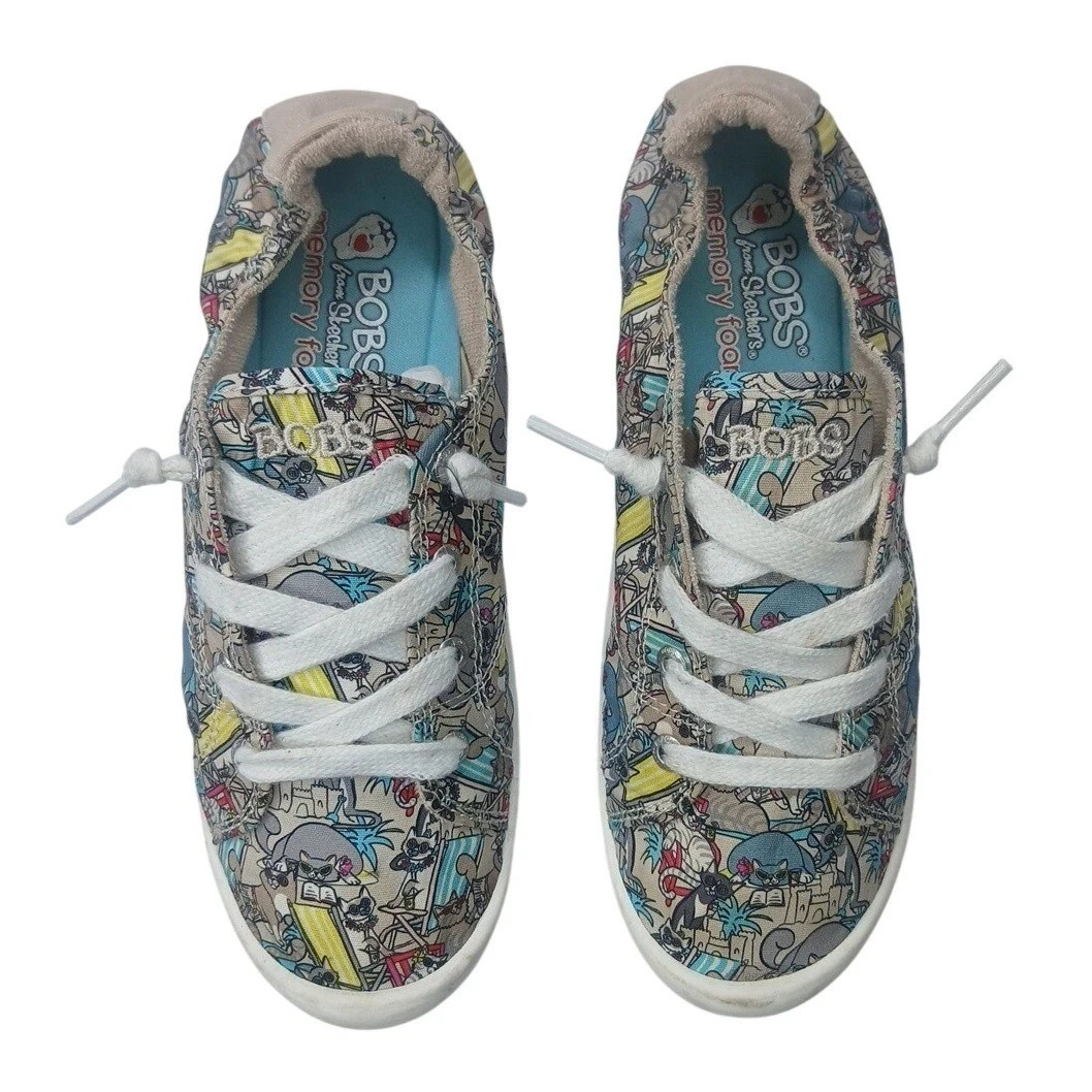 Bobs Skechers Beach Bingo Sneakers Womens 7 Taupe Multi Cat Print Slip On 113561