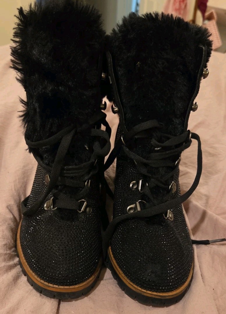 Nanette Lepore «Anais» Black Beaded Sparkle, Faux Fur Trim Stacked Hiker Bootie