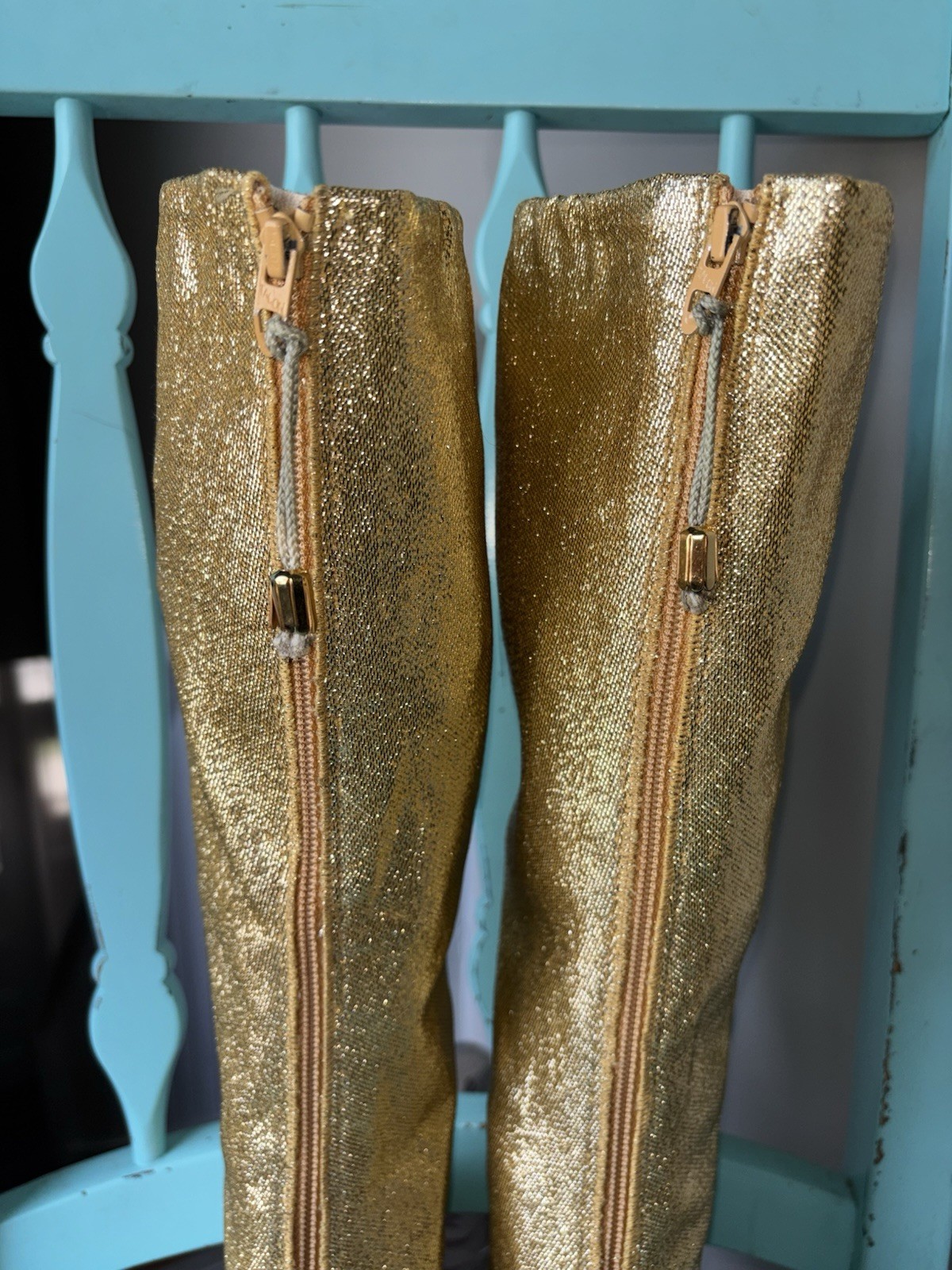 Rare Vintage Women Gold Metallic Lame Knee-High Go Go Boots