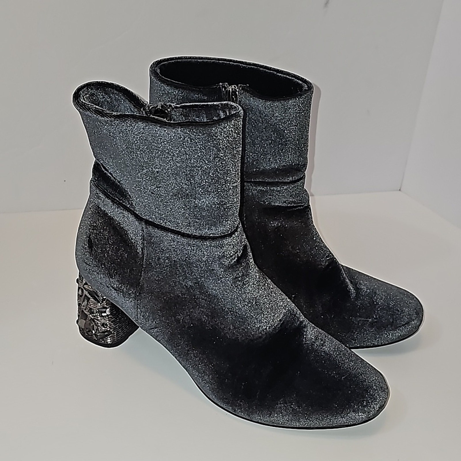 Ninety Union Lyon Gray Velour Ankle Boots Womens 11 Rhinestone Glam Chunky Heels
