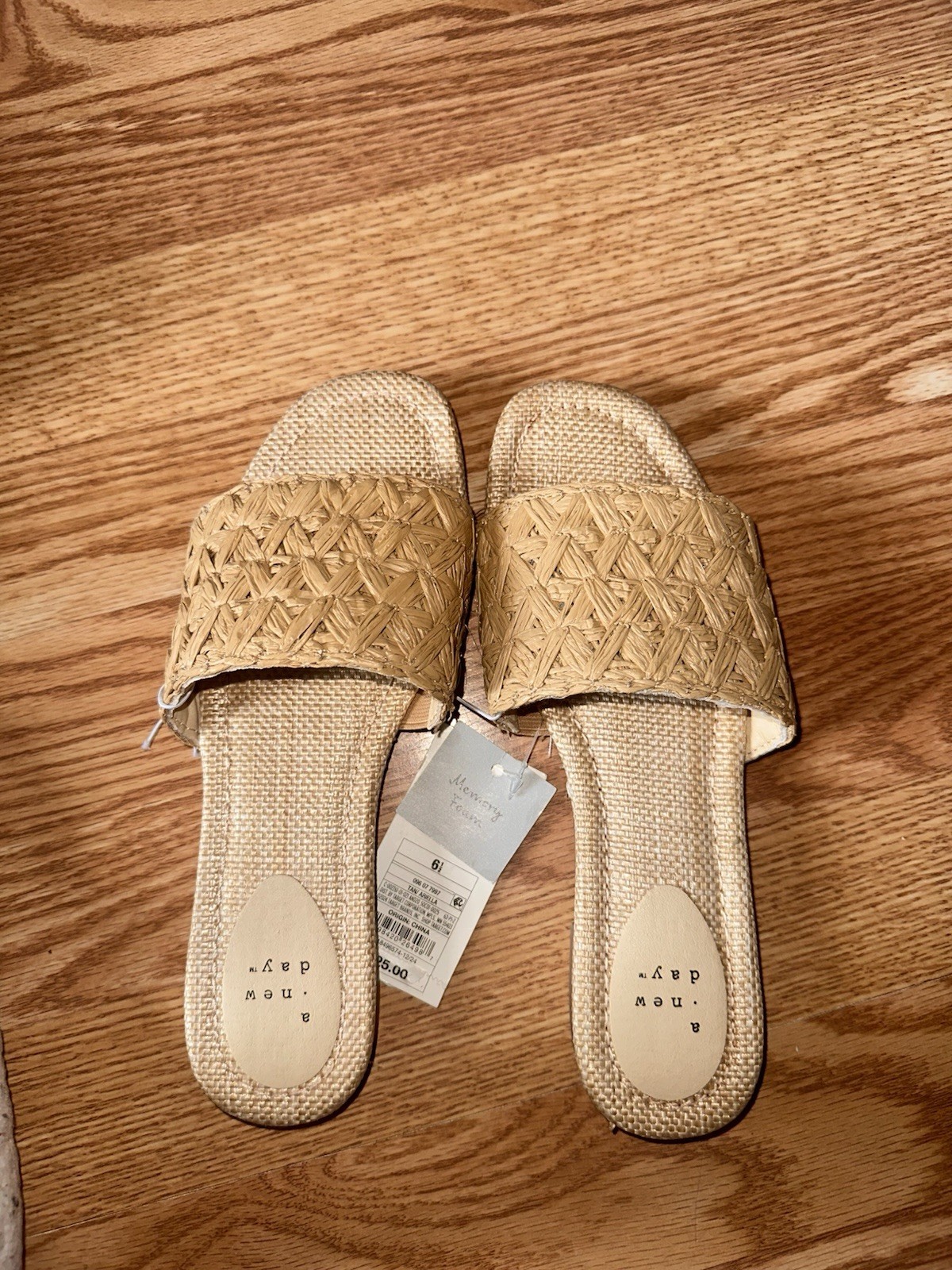A New Day Woven Raffia Slide Sandals with Memory Foam Insole Tan Brown 6.5M