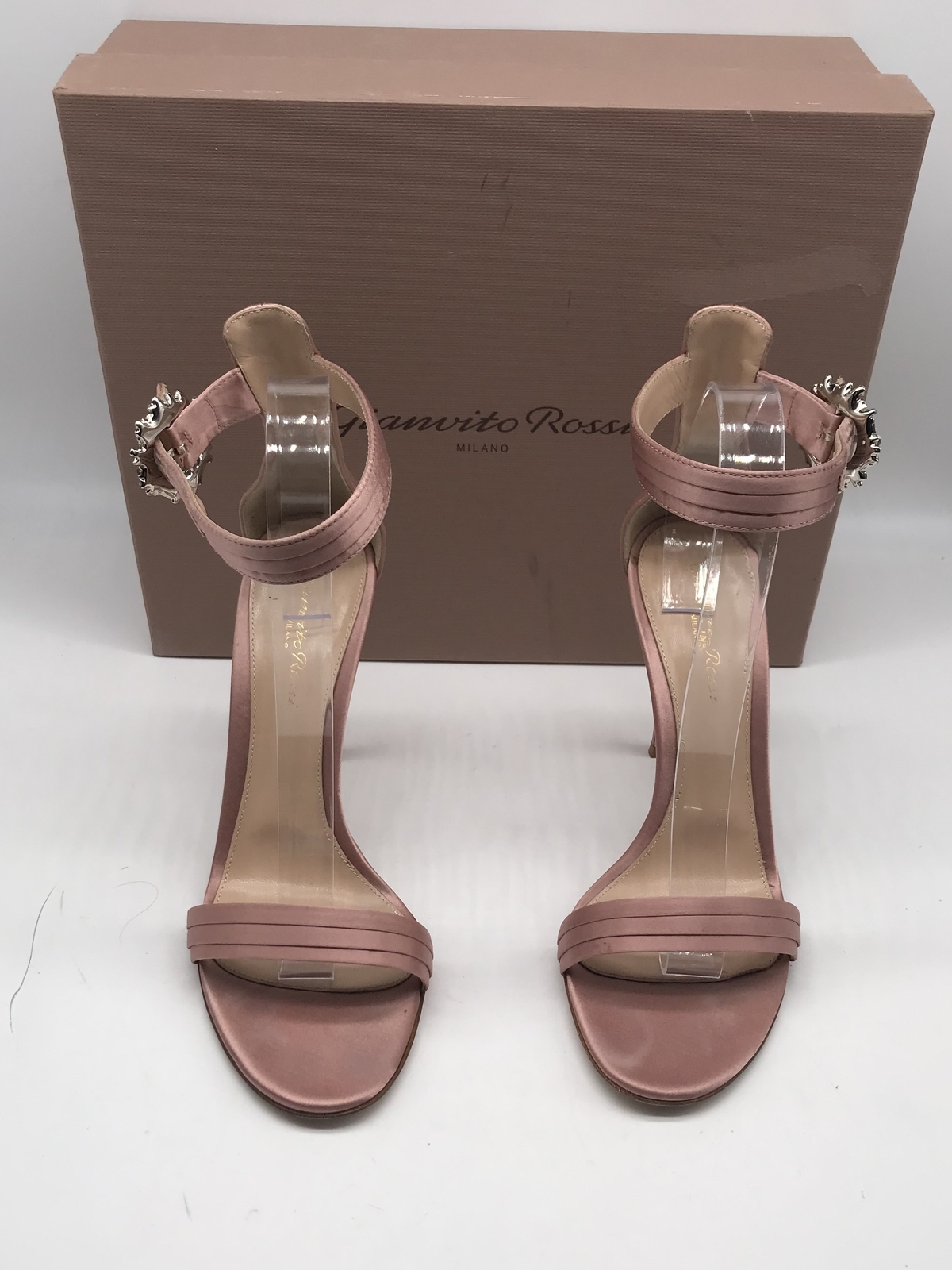 Gianvito Rossi Dahlia pink ankle strap satin sandal heel & crystal buckle sz 39