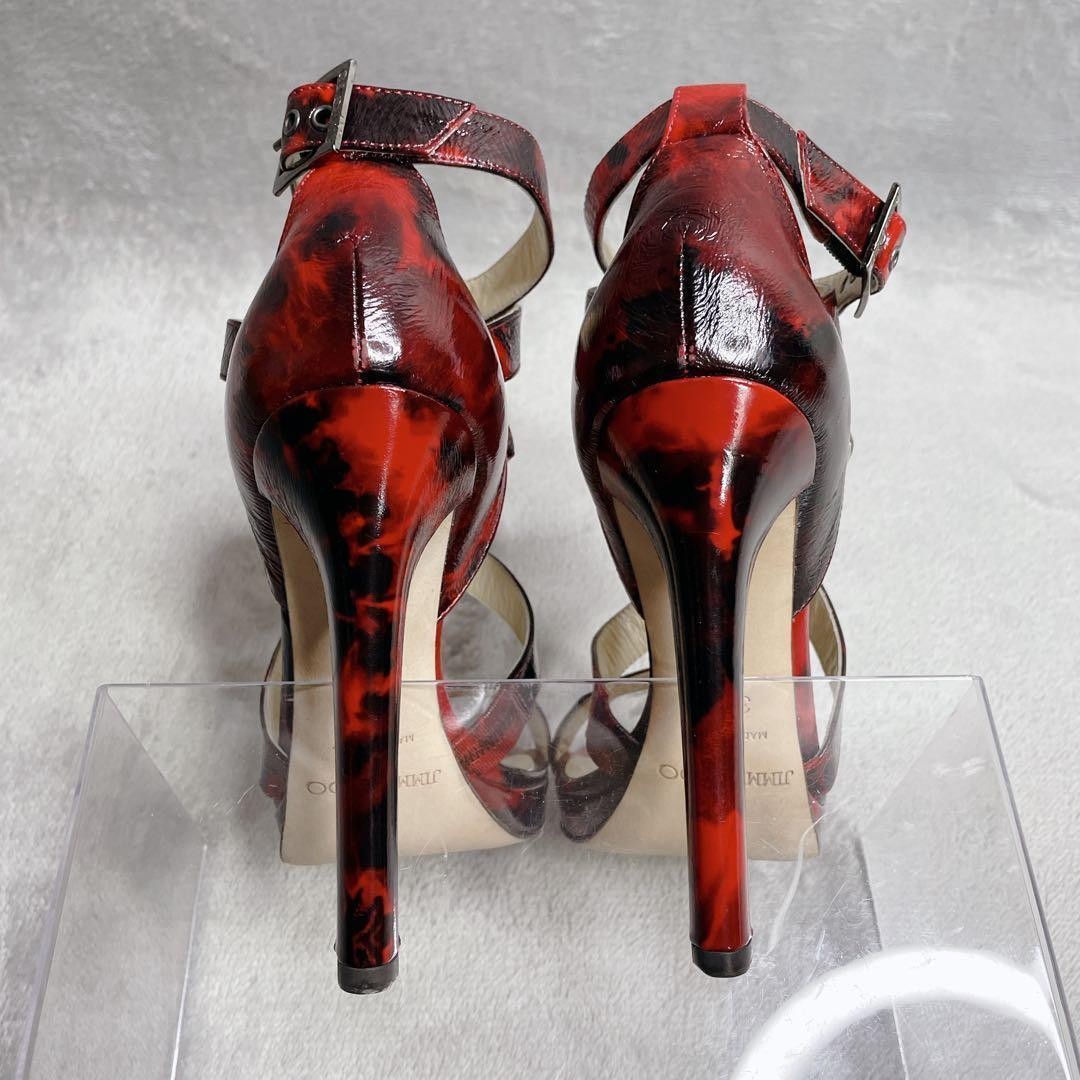 JIMMY CHOO Tie Dye Patent Red Black Cross Strap Heeled Sandals Shoes EU 36.5