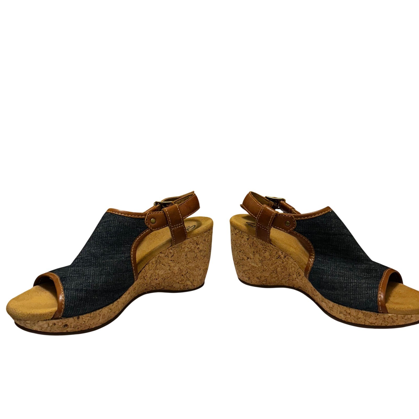 Clarks Elements Denim Leather Cork Wedge Sandals Brown Blue 9M 87669